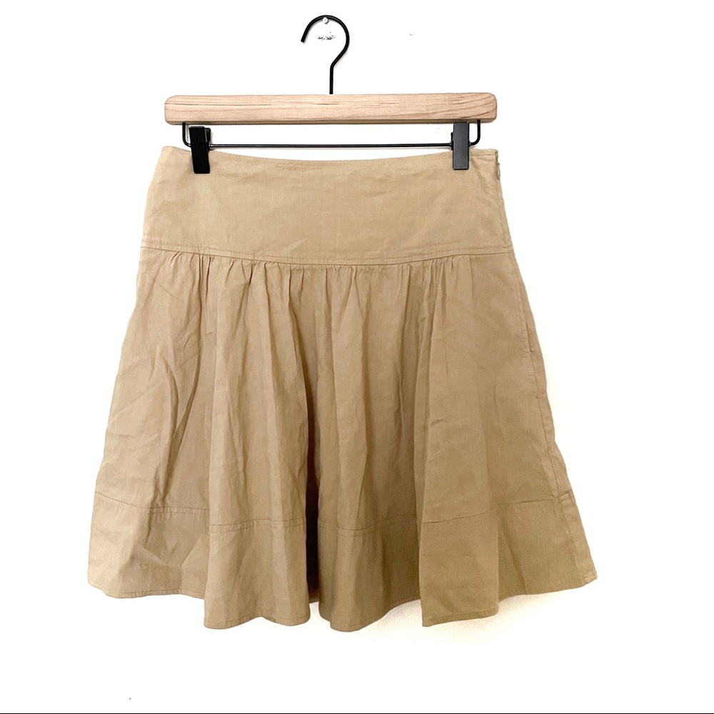 Theory Khaki Pleated Mini Skirt Linen Blend Size 2